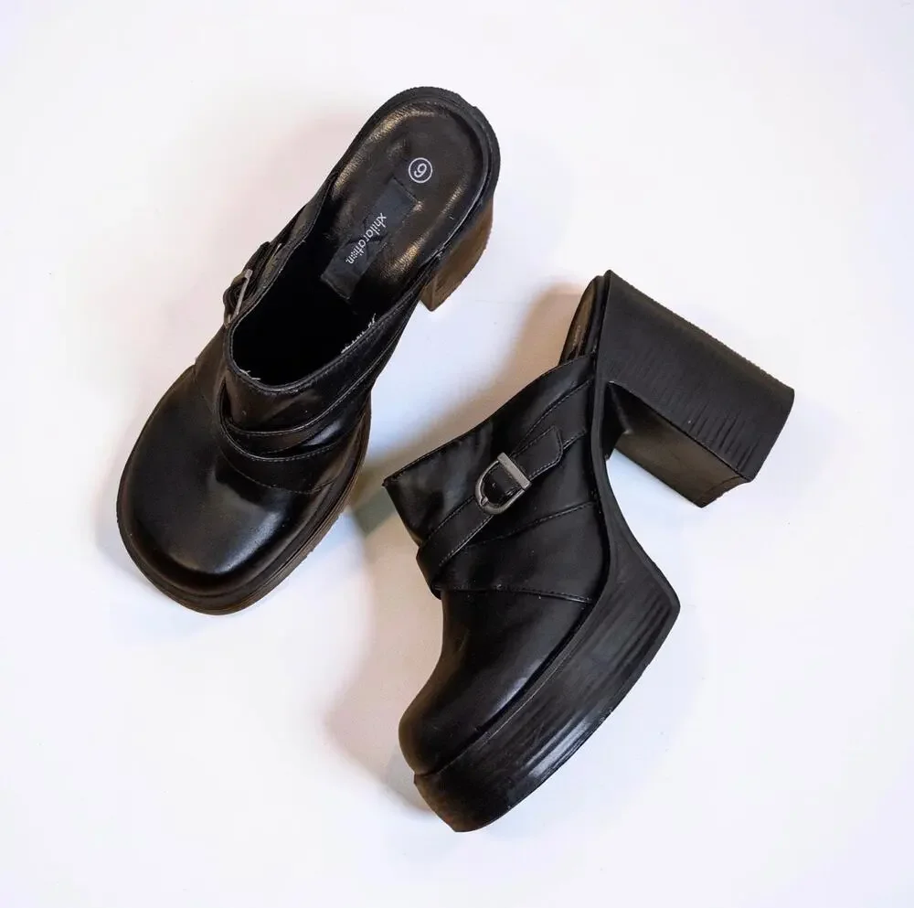 Y2K Xhilaration Black Platform Mule Clogs Buckle Heels Size 9